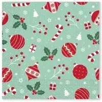 DECORATA 40 Kerstmis Kerst Servetten - Kerstbal - Candy Cane - Zuurstok - Hulst - Sneeuwvlok - Cadeautje - Kerstboom - Besje - Licht Groen - Wit - Rood - Groen - 33 x 33 cm - 3-Laags -