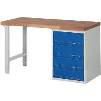 Promat /Tecwerk Werkbank | serie BK 650 | B1500xD700xH840mm beukenhout massief | lichtgrijs RAL7035 gentiaanblauw RAL5010 | 4 laden - 9000425524