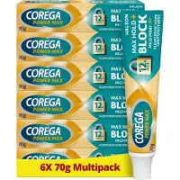 Corega Max Hold + Block Mild Mint - Kleefcrème – Kunstgebit - Superieure Fixatie - Bescherming Tegen Voedseldeeltjes - Precieze Dosering & Milde Muntsmaak - Voordeelverpakking 6 x 70 g