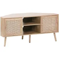 Sweeek Hoek TV meubel in houtdecor en rotan, 2 deuren, 1 plank, 115 cm Naturel