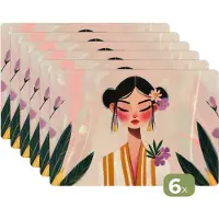 KitchenYeah Placemats - 6 stuks - 45x30 cm - Placemat kunststof - Vrouw - Bloemen - Pastel - Borden onderleggers - Decoratie voor op tafel - Keuken tafeldecoratie accessoires - Vinyl onderlegger - Tafelversiering