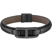 BOSS Gelaagde leren armband met zwarte metallic logoschakel Maat M
