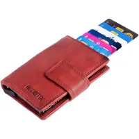 Figuretta Compacte Dames Portemonnee met Aluminium Creditcardhouder – RFID Bescherming – Inclusief Muntvak en Biljetvak – Echt Vintage Leer – Rood