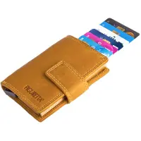 Figuretta Compacte Dames Portemonnee met Aluminium Creditcardhouder – RFID Bescherming – Inclusief Muntvak en Biljetvak – Echt Vintage Leer – Geel