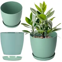 Kadax Bloempot, plantenbak met onderzetter, ronde bloembak van kunststof, matte pot voor cactus, varens, glanzende buitenpot voor balkon, woning en terras ( 18 cm, munt)