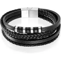 Mendes Leren heren armband Multi Edelstaal Zilverkleurig Zwart - 21cm