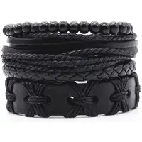 LGT JWLS Leren armbanden set met houten kralen zwart
