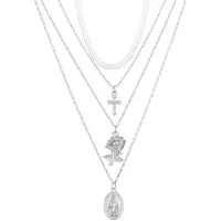 LGT JWLS Gelaagde dames ketting zilverkleurig Kruis Roos Munt