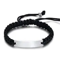 TJ Tom Jaxon Tom Jaxon Heren armband Gevlochten Touw Graveerplaat Zwart Zilverkleurig Verstelbaar