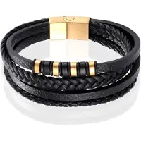 Mendes Leren heren armband Multi Edelstaal Goudkleurig Zwart-21cm