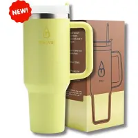 Motivai Tumbler - Geel - 40oz - Travel Cup - RVS Thermosbeker met Handvat en Rietje - Drinkbeker To Go - 1.2 Liter - Koffiebeker - Travel Mug - Thermosbeker - Thermosfles - Thermoskan