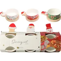 Excellent houseware Koopman Kerstserveerset - 6 stuks, porseleinen kommen en bamboe dienbladen
