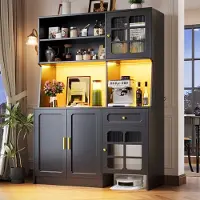 Merax Keuken kast 130 x 45 x 180 cm - hoge kast - zijkast - met glazen deuren en LED verlichting - zwart