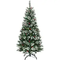 Costway 150/180/210/240 cm kunstkerstboom met rode bessen, sneeuwbedekte dennenboom met metalen standaard, pvc- en dennennaalden, kunstboom, kerstklapsysteem (180 cm)