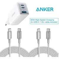 Anker 735 (GaN-II 65 W) USB-C-oplader wit + 2 pack USB-C to USB-C Cable 1.8m 60W white, USB 2.0 Type C Charging Cable Fast Charge - bundelvoordeel