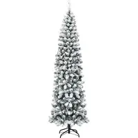 Costway 135/180/225cm potlood kerstboom met sneeuw, kunstkerstboom met metalen standaard, kunstkerstboom PVC naalden, kunstkerstboom vouwsysteem groen (225cm)