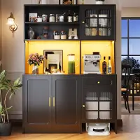 Merax Keuken kast 130 x 45 x 180 cm - hoge kast - zijkast - met glazen deuren en LED verlichting - zwart