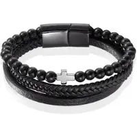Memphis Heren armband Agaat kraal gevlochten leer Kruis Zwart - 19cm