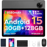 Doogee Tab A9 Pro+ Android 15-tablet met toetsenbord 11-inch scherm + 90 Hz verversingssnelheid 6 GB RAM + 128 GB opslagruimte 8580 mAh-batterij Octa-Core T7200-processor 13 MP-camera,Grijs