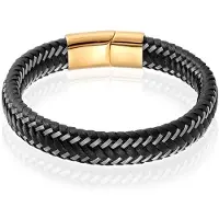 LGT JWLS Heren armband Leer Edelstaal LGT Jewels Goudkleurig Zwart - 21cm