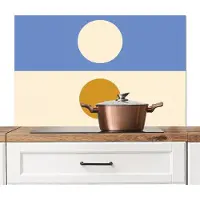 KitchenYeah Spatscherm keuken 100x65 cm - Kookplaat achterwand Cirkels - Symmetrisch - Wit - Blauw- Geel - Muurbeschermer - Spatwand fornuis - Hoogwaardig aluminium