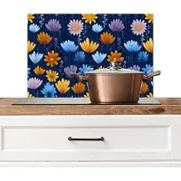 KitchenYeah Spatscherm keuken 70x50 cm - Kookplaat achterwand Bloemen - Patroon - Blauw - Contrast - Muurbeschermer - Spatwand fornuis - Hoogwaardig aluminium