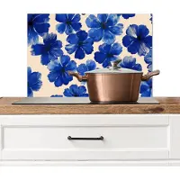 KitchenYeah Spatscherm keuken 70x50 cm - Kookplaat achterwand Bloemen - Blauw -Patroon - Wit - Muurbeschermer - Spatwand fornuis - Hoogwaardig aluminium