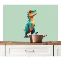 KitchenYeah Spatscherm keuken 120x80 cm - Kookplaat achterwand Cartoon - Dino - Oranje - Stekels - Muurbeschermer - Spatwand fornuis - Hoogwaardig aluminium