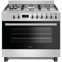Wiggo WO-E969R - Vrijstaand gasfornuis - 90 cm - 6 kookzones met dubbele wokbrander - 110L elektrische oven - Roestvrijstaal