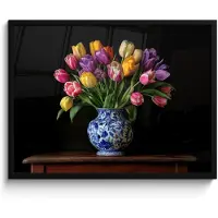 PosterMonkey Poster in lijst - Fotolijst 80x60 cm - Posters - Tulpen - Kleuren - Hout - Vaas - Posterlijst zwart - Decoratie - Wanddecoratie woonkamer - Muurdecoratie slaapkamer