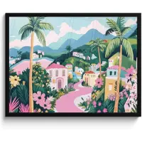 PosterMonkey Poster in lijst - Fotolijst 80x60 cm - Posters - Kleurrijk - Huizen - Heuvels - Roze - Posterlijst zwart - Decoratie - Wanddecoratie woonkamer - Muurdecoratie slaapkamer