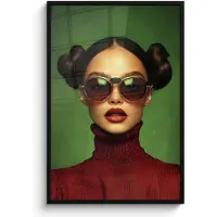PosterMonkey Poster in lijst - Fotolijst 80x120 cm - Posters - Vrouw - Groen - Bril - Aesthetic - Modern - Posterlijst zwart - Decoratie - Wanddecoratie woonkamer - Muurdecoratie slaapkamer