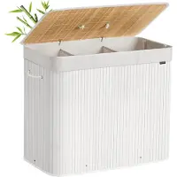 Songmics Wasmand met deksel, 3 compartimenten, 170 liter, bamboe wasmand, opvouwbare waszak, afneembaar en machinewasbaar, met handgrepen, voor wasruimte of slaapkamer, wit – LCB013W01