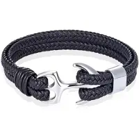 TJ Tom Jaxon Tom Jaxon Heren armband Anker gevlochten Leer Zilverkleurig Zwart - 18cm