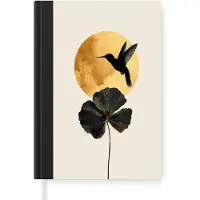 MuchoWow Notitieboek - Schrijfboek - Zwarte kolibrie - Bloem - Gouden cirkel - Notitieboekje klein - A5 formaat - Schrijfblok