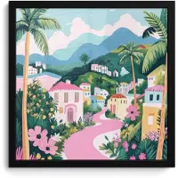 PosterMonkey Poster in lijst - Fotolijst 40x40 cm - Posters - Kleurrijk - Huizen - Heuvels - Roze - Posterlijst zwart - Decoratie - Wanddecoratie woonkamer - Muurdecoratie slaapkamer