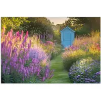 PosterMonkey Poster 30x20 cm - Tuinhuisje - Blauw - Bloemen - Posters - Kamer decoratie - Wanddecoratie woonkamer - Muurdecoratie slaapkamer