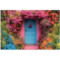 PosterMonkey Poster 60x40 cm - Bloemen - Deur - Roze - Posters - Kamer decoratie - Wanddecoratie woonkamer - Muurdecoratie slaapkamer