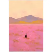 PosterMonkey Poster 40x60 cm - Bloemenweide - Heuvels - Silhouet - Roze - Posters - Kamer decoratie - Wanddecoratie woonkamer - Muurdecoratie slaapkamer