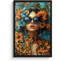 PosterMonkey Poster in lijst - Fotolijst 40x60 cm - Posters - Vrouw - Bloemen - Oranje - Blauw - Modern - Posterlijst zwart - Decoratie - Wanddecoratie woonkamer - Muurdecoratie slaapkamer