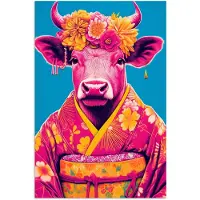 PosterMonkey Poster 20x30 cm - Koe - Bloemenkrans - Oorhangers - Kimono - Posters - Kamer decoratie - Wanddecoratie woonkamer - Muurdecoratie slaapkamer
