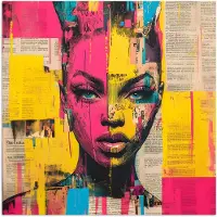 PosterMonkey Poster 75x75 cm - Vrouwengezicht - Krantenpapier - Abstract - Roze - Posters - Kamer decoratie - Wanddecoratie woonkamer - Muurdecoratie slaapkamer