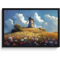 PosterMonkey Poster in lijst - Fotolijst 60x40 cm - Posters - Windmolen - Heuvel - Bloemen - Kleurrijk - Posterlijst zwart - Decoratie - Wanddecoratie woonkamer - Muurdecoratie slaapkamer