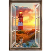 PosterMonkey Poster 120x180 cm - Doorkijk - Raam - Vuurtoren - Zonsondergang - Strand - Posters - Kamer decoratie - Wanddecoratie woonkamer - Muurdecoratie slaapkamer XXL