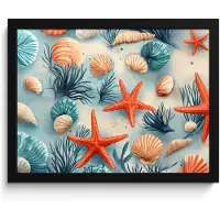 PosterMonkey Poster in lijst - Fotolijst 40x30 cm - Posters - Zeesterren - Schelpen - Illustratie - Zand - Posterlijst zwart - Decoratie - Wanddecoratie woonkamer - Muurdecoratie slaapkamer