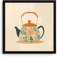 PosterMonkey Poster in lijst - Fotolijst 40x40 cm - Posters - Oranje - Theepot - Bloemen - Bladeren - Posterlijst zwart - Decoratie - Wanddecoratie woonkamer - Muurdecoratie slaapkamer