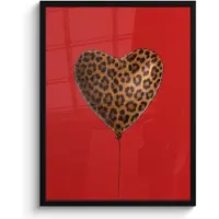 PosterMonkey Poster in lijst - Fotolijst 60x80 cm - Posters - Ballon - Hartvormig - Rood - Panterpatroon - Posterlijst zwart - Decoratie - Wanddecoratie woonkamer - Muurdecoratie slaapkamer