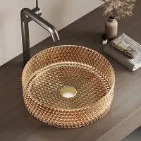 Emke Wastafel - Gehard Glas - Rond - Waskom Opbouw - Luxe Uiterlijk - Badkamer - Ø 36x11 cm - Roségoud