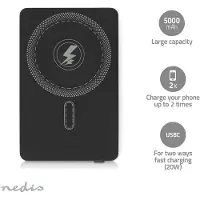 Nedis Powerbank | 5000 mAh | Draadloos opladen | 1.67 / 2.22 / 3.0 A | Outputs: 1 | Output: 1x USB-C | Inputs: 1x USB-C | PD3.0 20W | Lithium-Polymeer