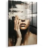 MuchoWow Glasschilderij 120x160 cm - Schilderij acrylglas - Hand - Gezicht - Strepen - Abstract - Foto op glas - Muurdecoratie woonkamer - Wanddecoratie slaapkamer - Schilderijen